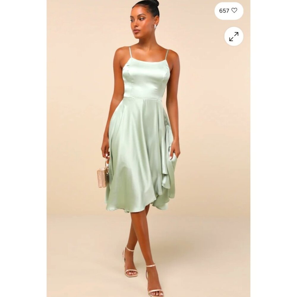 Lulus Day Like Today Sage Satin Asymmetrical Tie-Back Midi Dress | Medium | NWOT
